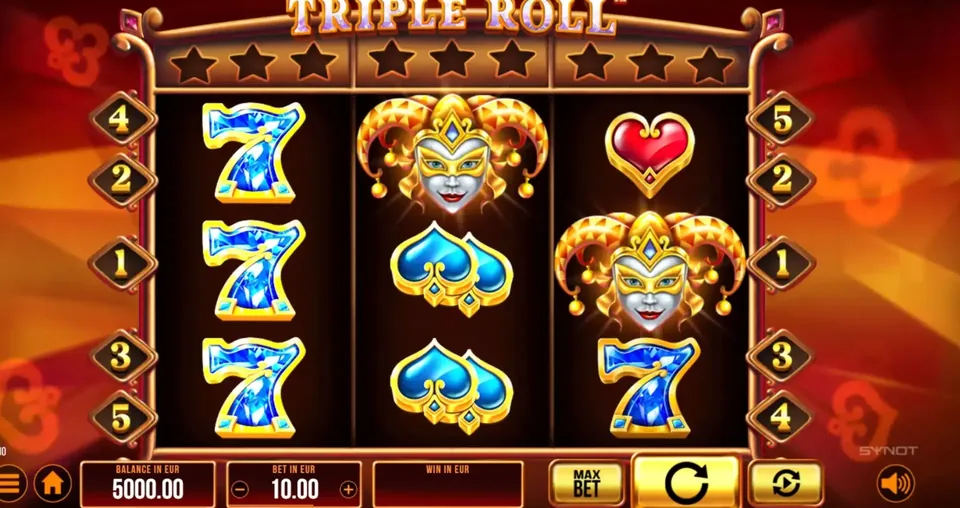 Griglia 3x3 di Triple Roll slot con setti, jolly e simboli picche sui rulli